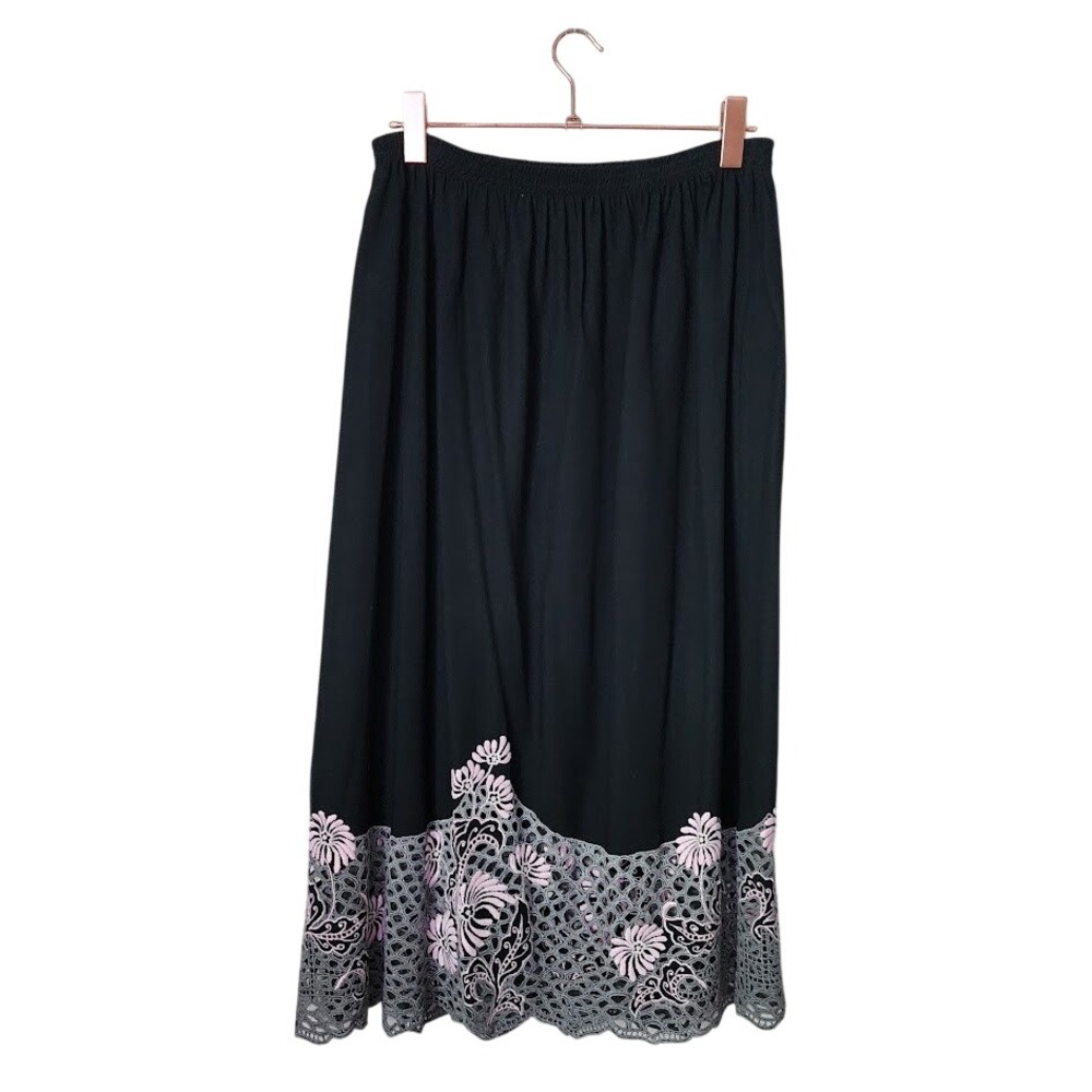 BALI EMERALD Black Midi Skirt Whimsigoth Goth Crochet Floral Cutwork cottagecore